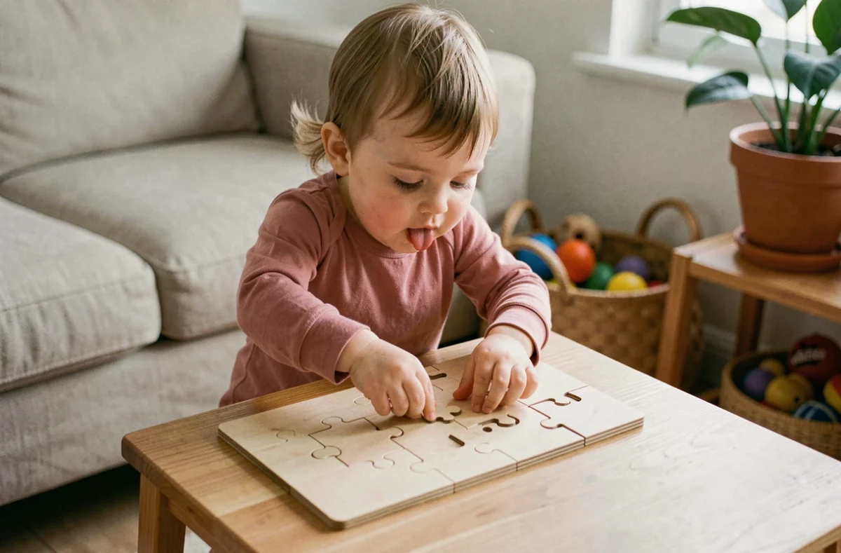 Enfant de 2 ans assemblant un puzzle en bois à encastrement pendant la routine du soir dans un coin salon apaisant