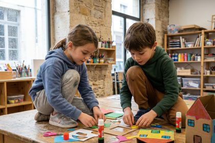 Deux enfants faisant des activités manuelles et créatives à l'intérieur à Lyon un jour de pluie