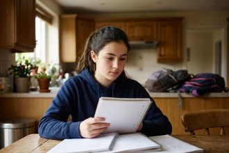 Adolescente comparant plusieurs cahiers de texte scolaires sur une table de cuisine en bois lors de la préparation de la rentrée