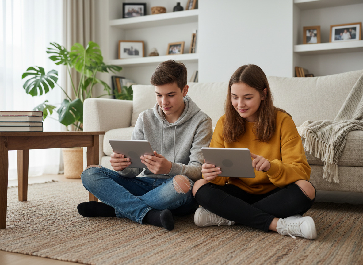 Adolescents avec tablettes dans le salon