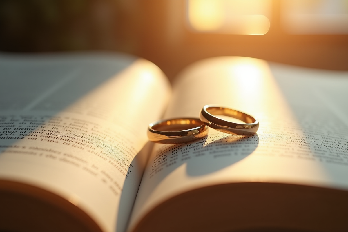 Alliances de mariage sur un livre ouvert en lumière naturelle