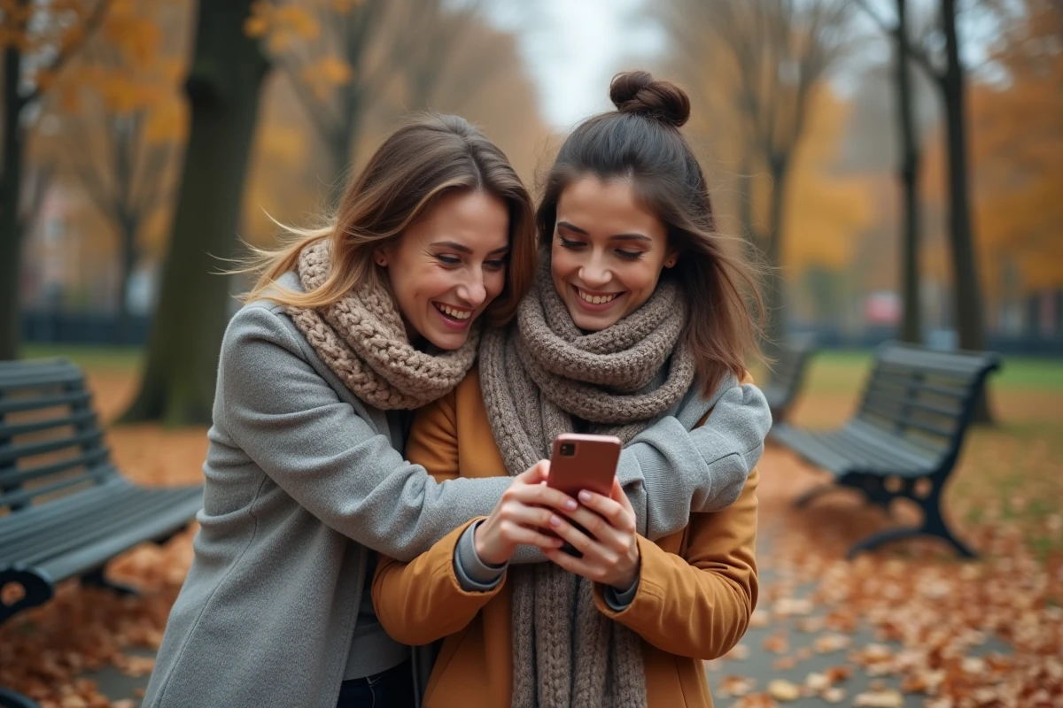 Deux amies émues lisant ensemble un message d'anniversaire touchant sur un smartphone dans un parc automnal aux feuilles dorées