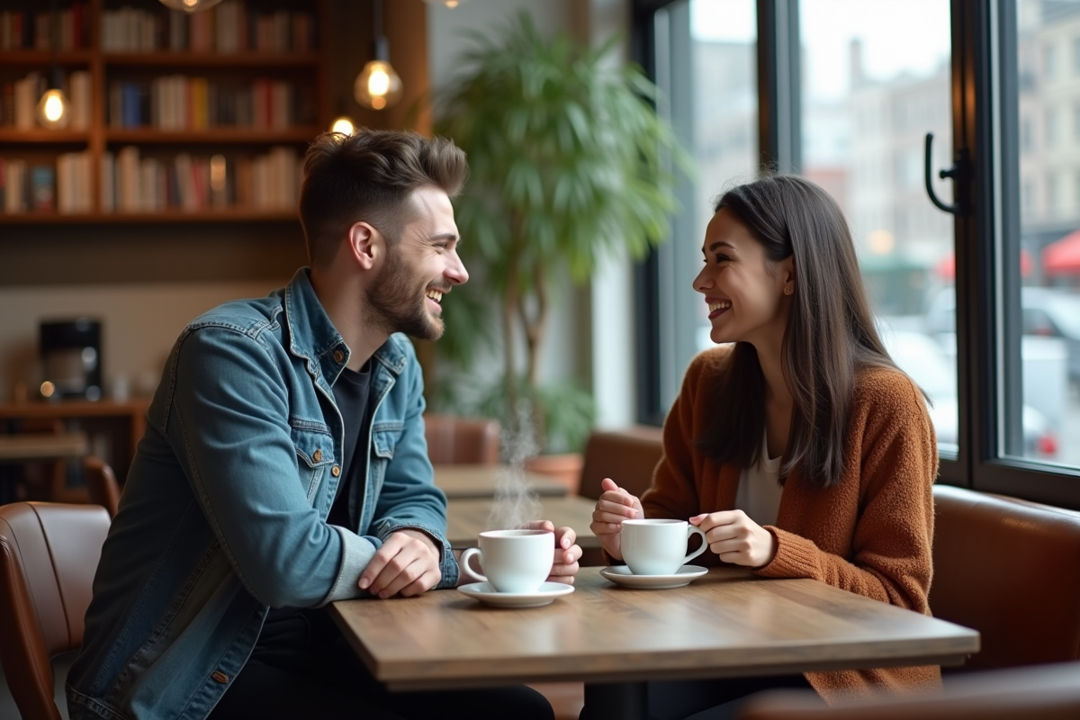 Deux jeunes amis riant dans un café chaleureux