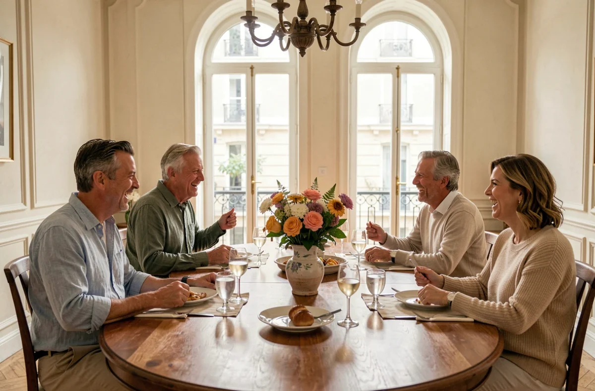Groupe d'amis adultes réunis autour d'un repas convivial dans un appartement parisien, évoquant les amitiés influentes et les cercles relationnels proches