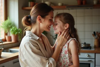 Mère tenant tendrement le visage de sa fille avec un sourire complice dans une cuisine chaleureuse, illustrant l'amour inconditionnel maternel