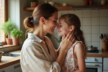 Mère tenant tendrement le visage de sa fille avec un sourire complice dans une cuisine chaleureuse, illustrant l'amour inconditionnel maternel