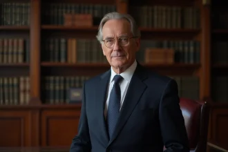 Portrait d'un homme français distingué en costume sombre dans un bureau parisien classique, illustrant le profil discret d'André-Louis Auzière, ex-mari de Brigitte Macron