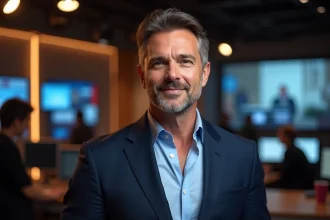 Animateur de télévision français souriant dans un studio de tournage moderne, évoquant l'univers des présentateurs emblématiques comme Cyril Féraud