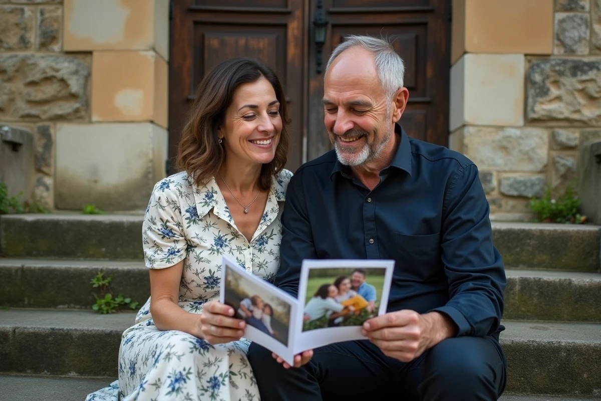 Frère et sœur quadragénaires assis sur des marches en pierre devant une maison ancienne, regardant ensemble de vieilles photos, atmosphère nostalgique et complice