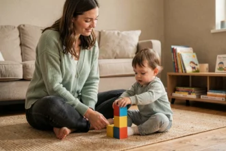 Assistante maternelle jouant avec un tout-petit dans un salon familial chaleureux, solution de garde à domicile