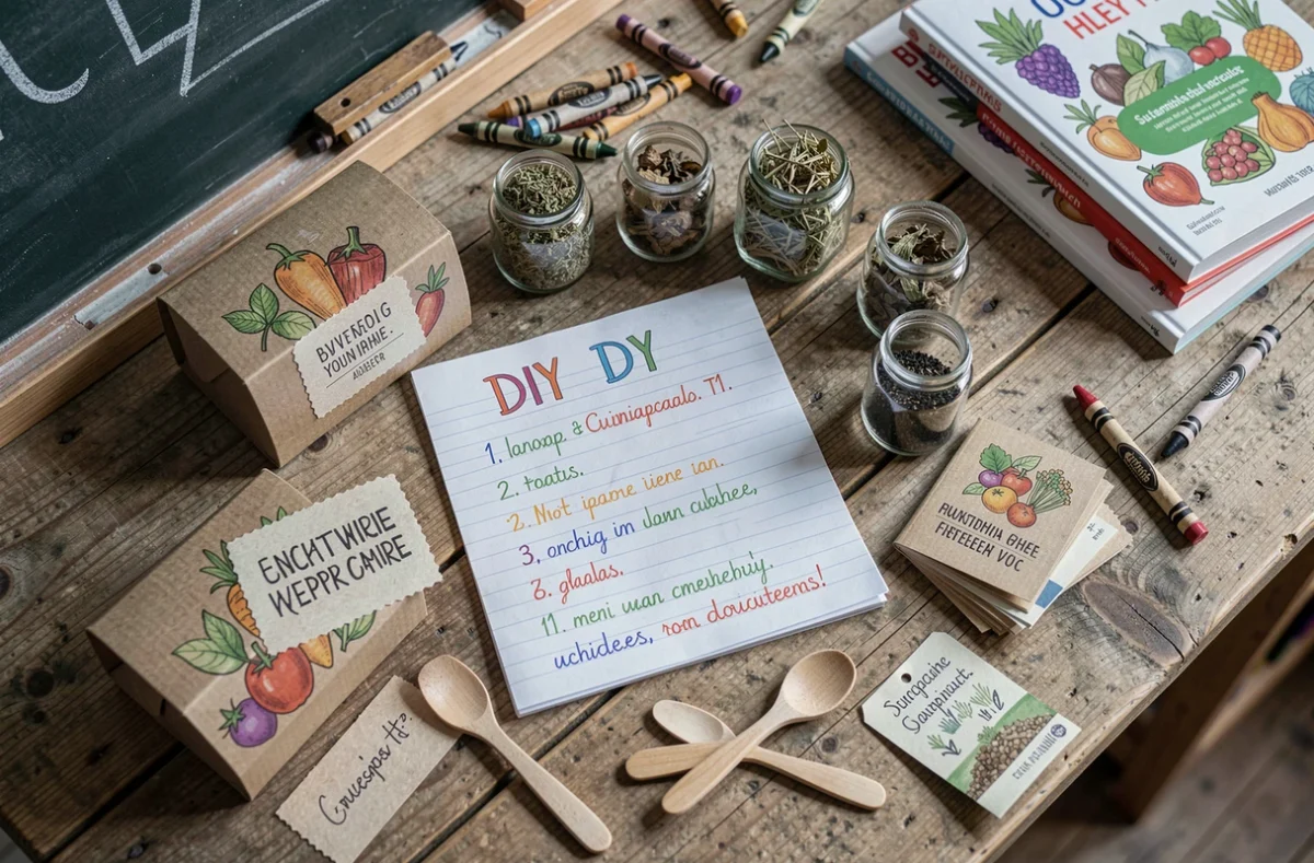 Vue aérienne d'un atelier créatif sur le goût durable avec étiquettes maison, herbes séchées, emballages décorés et livret de recettes pédagogique
