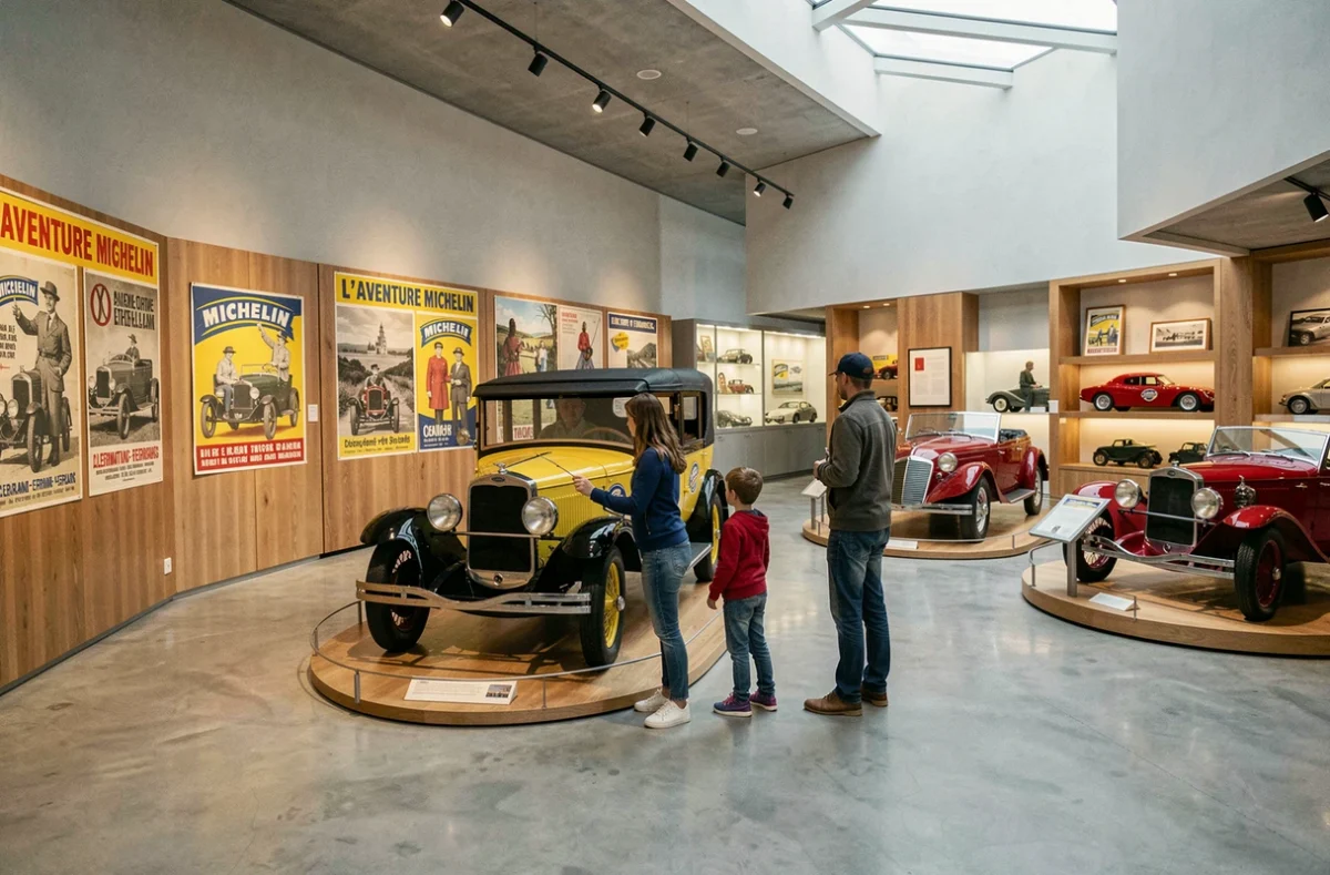 Famille découvrant les expositions interactives et véhicules anciens du musée L'Aventure Michelin à Clermont-Ferrand