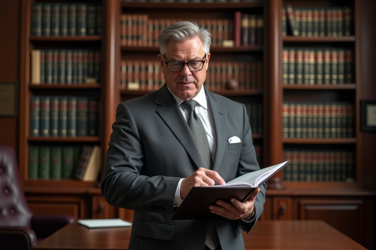 Un avocat spécialisé en adoption internationale examine un dossier dans son cabinet juridique
