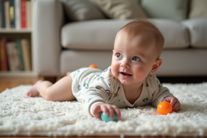 Bébé garçon de 4 mois sur tapis de jeu doux et coloré