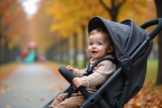 Bebe fille en poussette automne dans parc urbain