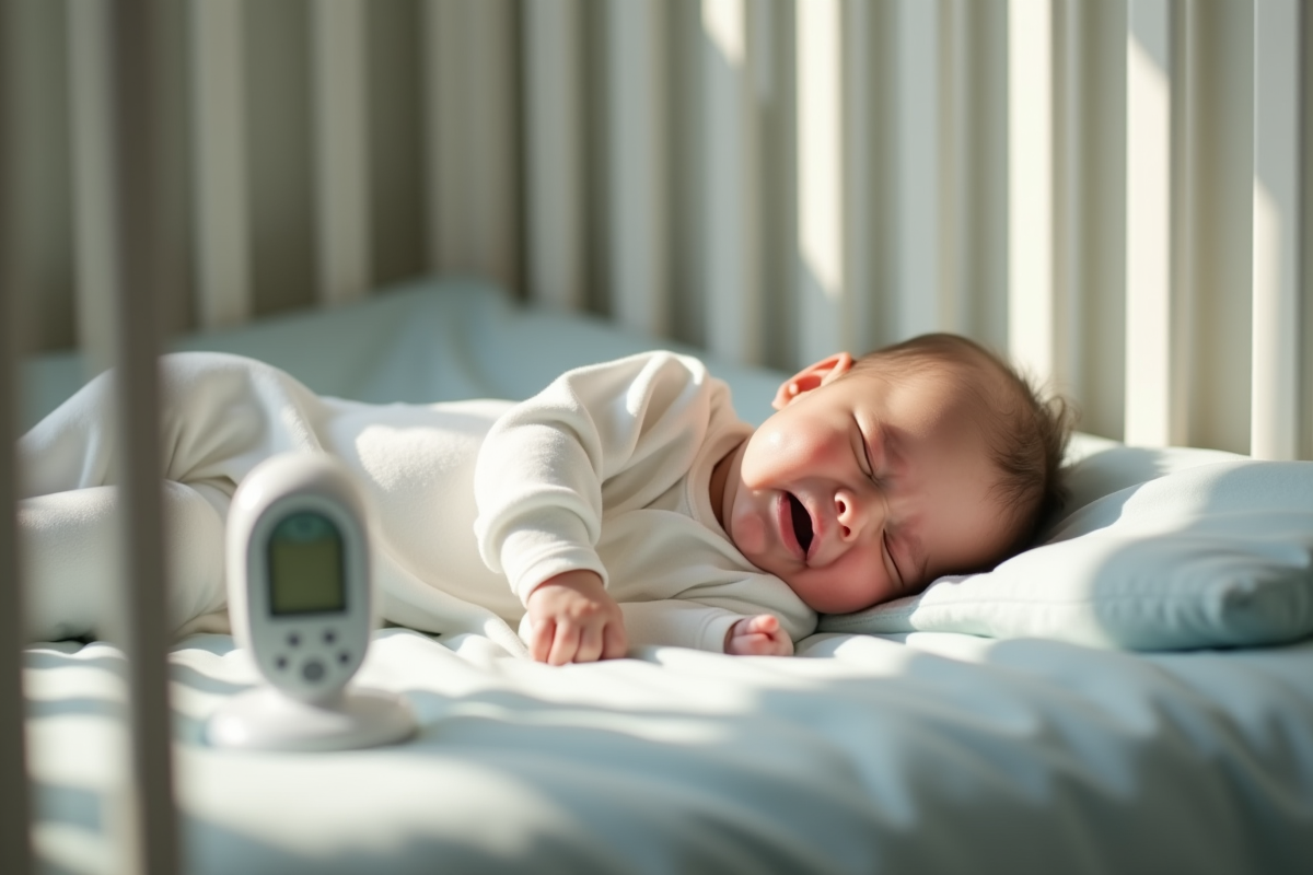 Bébé seul dans un lit bébé pleurant doucement dans une chambre moderne
