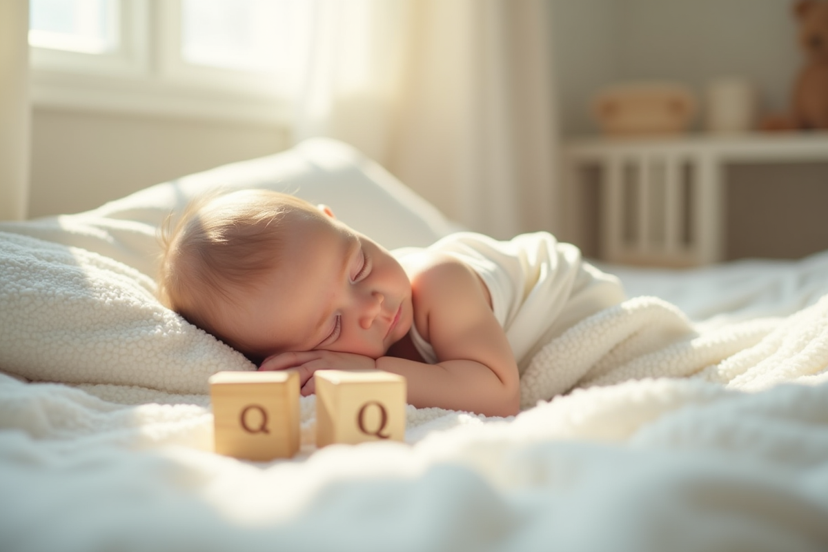 Bébé dormant paisiblement avec blocs lettre Q dans la nurserie