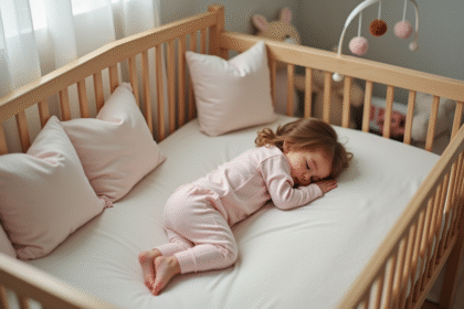 Petite fille endormie dans un lit en bois moderne