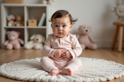 Bebe fille de 10 mois en pyjama pastel regarde curieusement