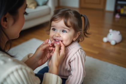 Bebe fille souriante lors d'une consultation dentaire