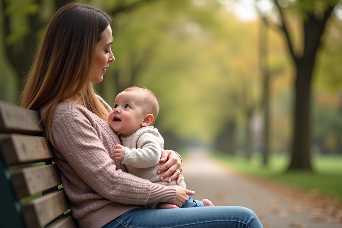 Bébé fille de 4 mois dans les bras de sa mère en plein air