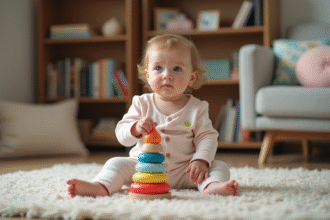 Bebe fille assise sur un tapis dans un salon chaleureux