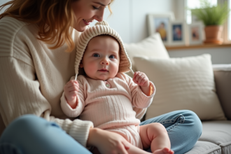 Bebe fille en coton pastel avec maman dans un salon cosy