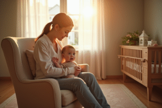 Mère tenant un bébé dans une nurserie paisible et lumineuse