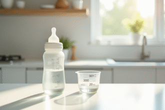 Biberon de lait sur plan de travail blanc avec tasse de mesure