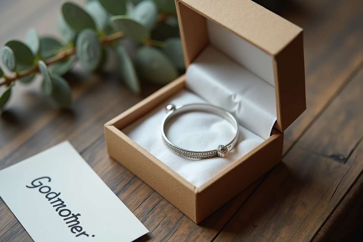 Bracelet marraine en argent dans un écrin kraft ouvert sur table en bois avec carte et eucalyptus séché