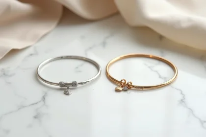 Bracelet pour marraine en argent et en plaqué or posés côte à côte sur marbre blanc, comparaison de matières