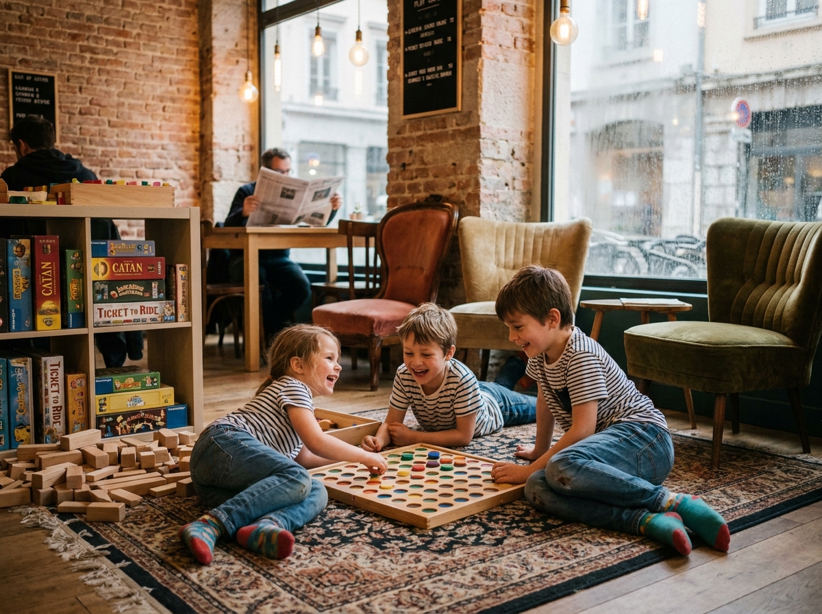 Enfants jouant à des jeux de société dans un café ludique couvert à Lyon sous la pluie