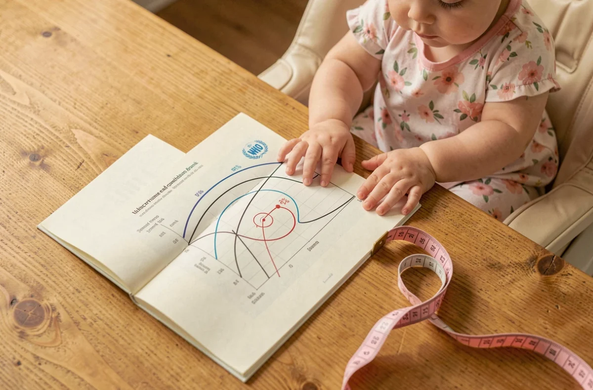 Carnet de santé ouvert avec courbe OMS de tour de tête bébé et mètre ruban posés sur une table en bois, bébé de 9 mois en arrière-plan