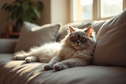 Chat persan chinchilla relaxant sur un canapé lumineux