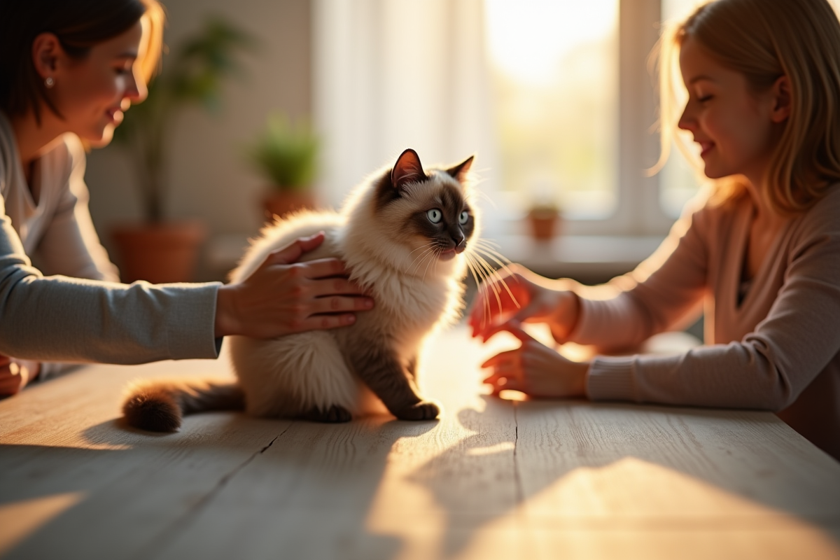 Chat persan chinchilla au centre de la table en famille