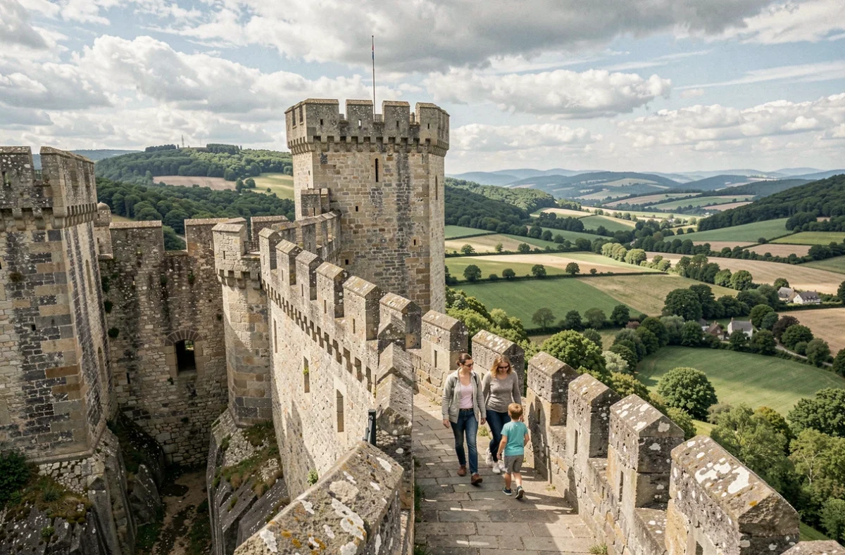 Famille visitant les remparts du Château de Murol avec vue sur la campagne auvergnate