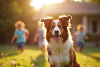 Chien australien shepherd jouant avec des enfants dans le jardin
