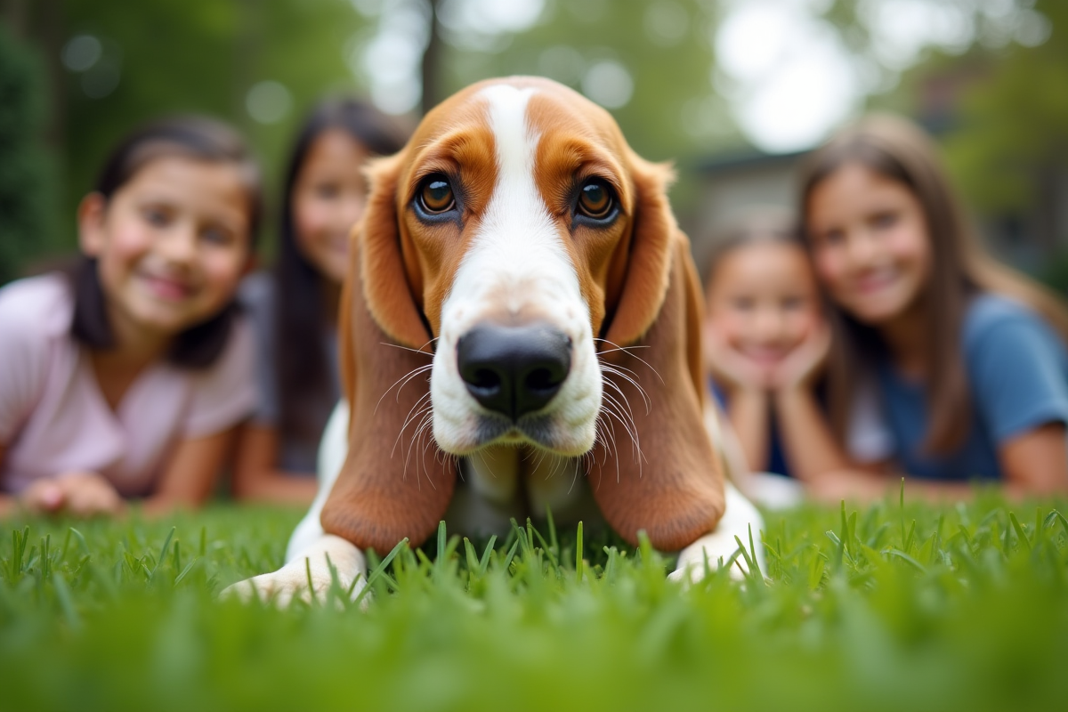 Basset hound dans le jardin entouré d
