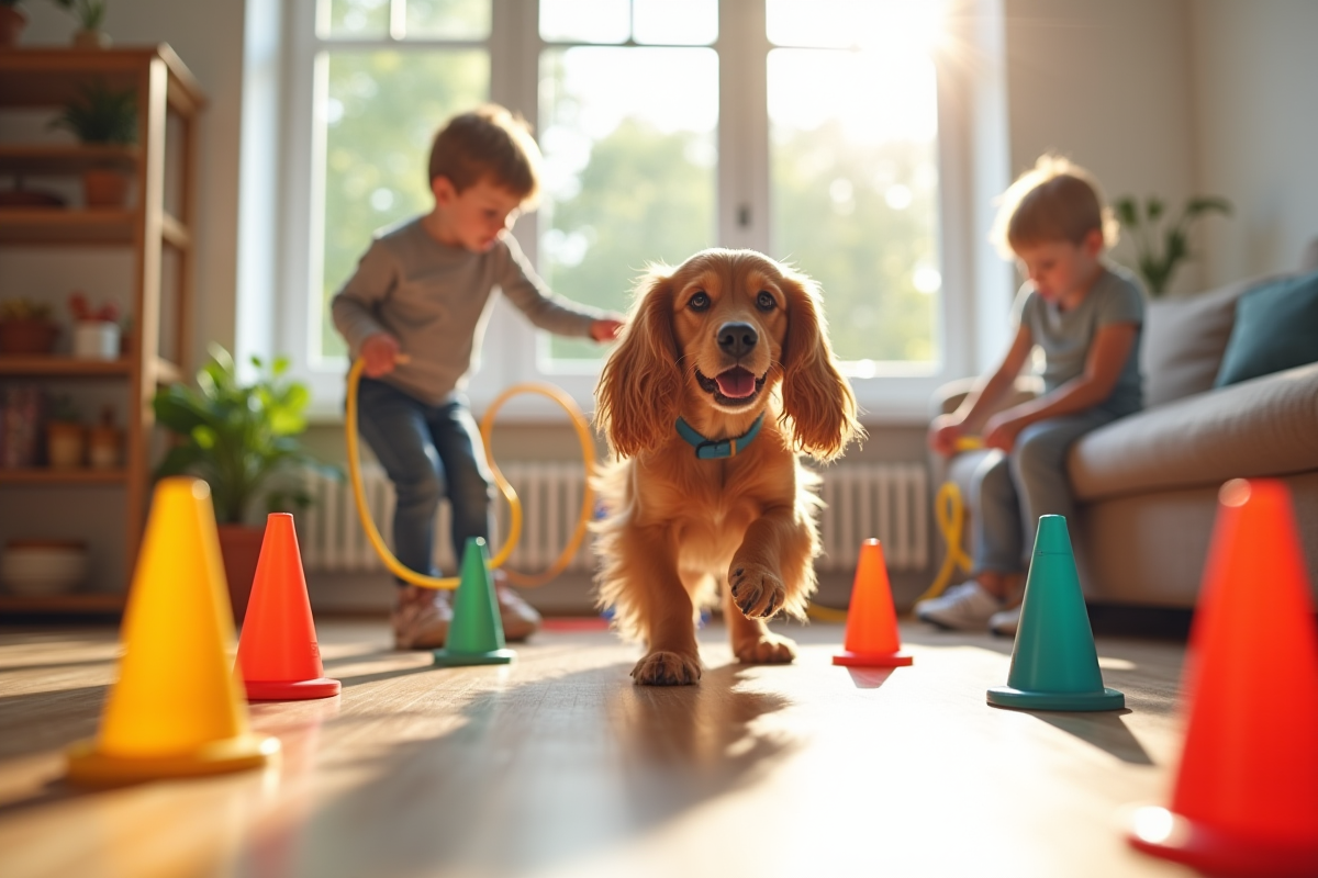 Cocker spaniel et enfants construisant un parcours dans le salon