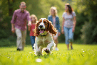 Chien cocker spaniel jouant avec une famille dans un jardin vert