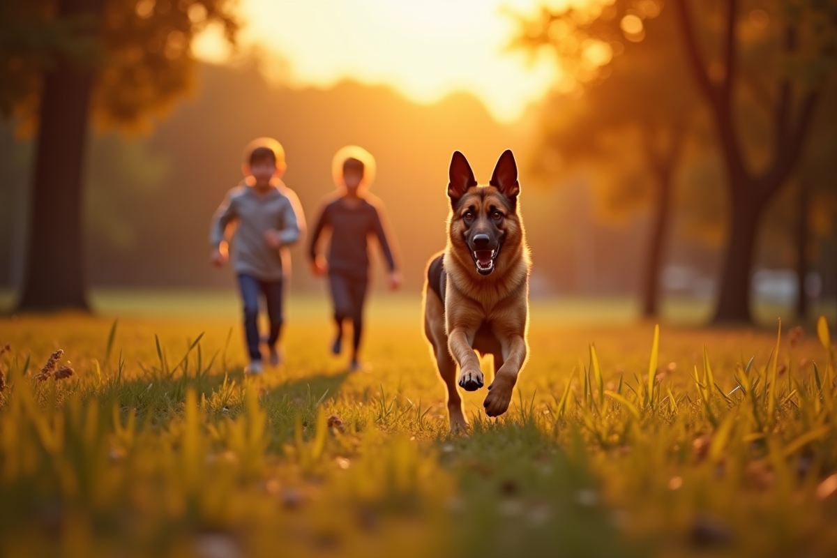 Chien berger allemand et malinois courant dans un parc avec des enfants