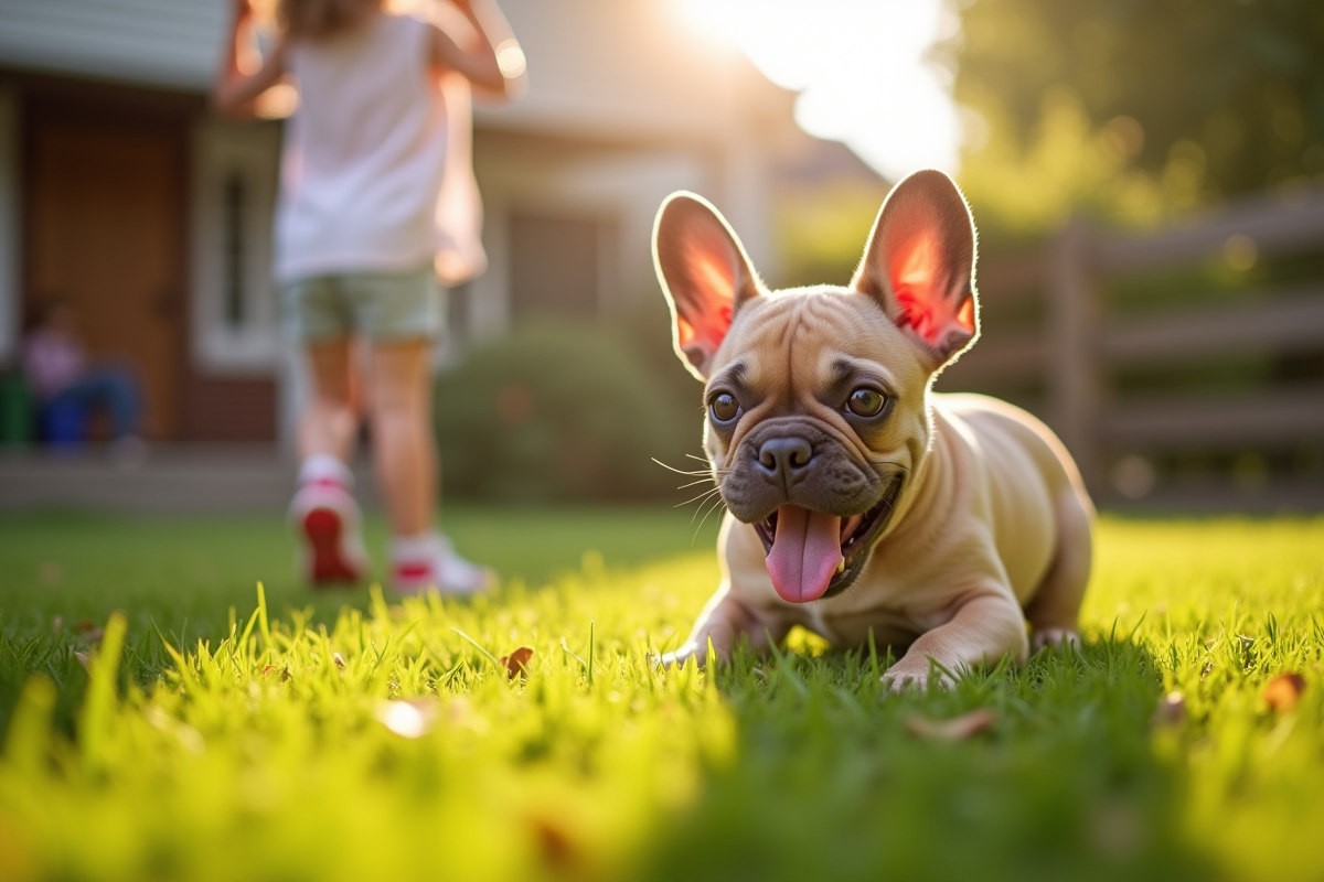 Jeune chien français jouant dans un jardin ensoleille avec un enfant