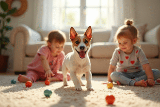 Jack Russell terrier jouant avec des enfants dans un salon lumineux