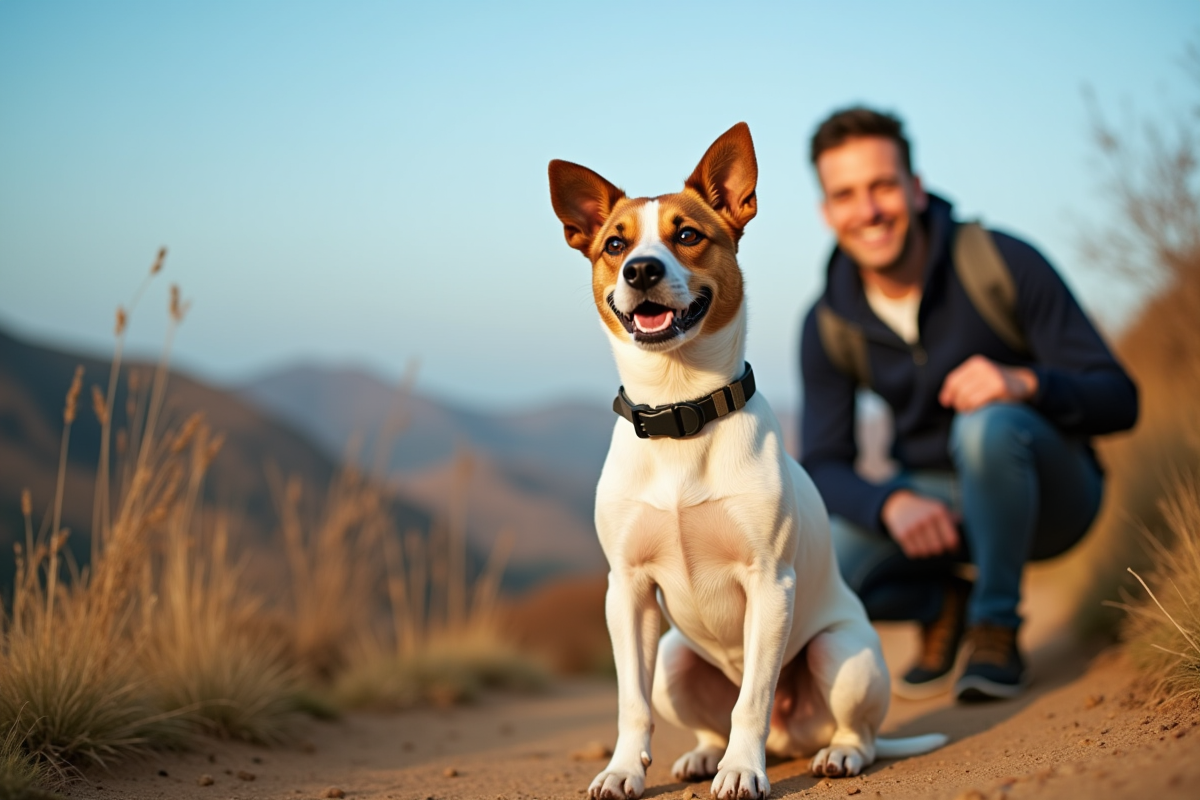Jack Russell terrier en randonnée dans un paysage ensoleille