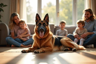 Chien berger allemand et malinois couché dans un salon en lumière naturelle