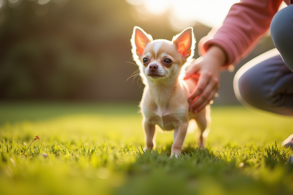 Chiot chihuahua dans le jardin ensoleille avec un enfant qui le caresse