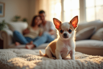 Petit chiot chihuahua sur un canapé avec famille souriante