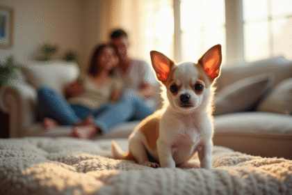 Petit chiot chihuahua sur un canapé avec famille souriante