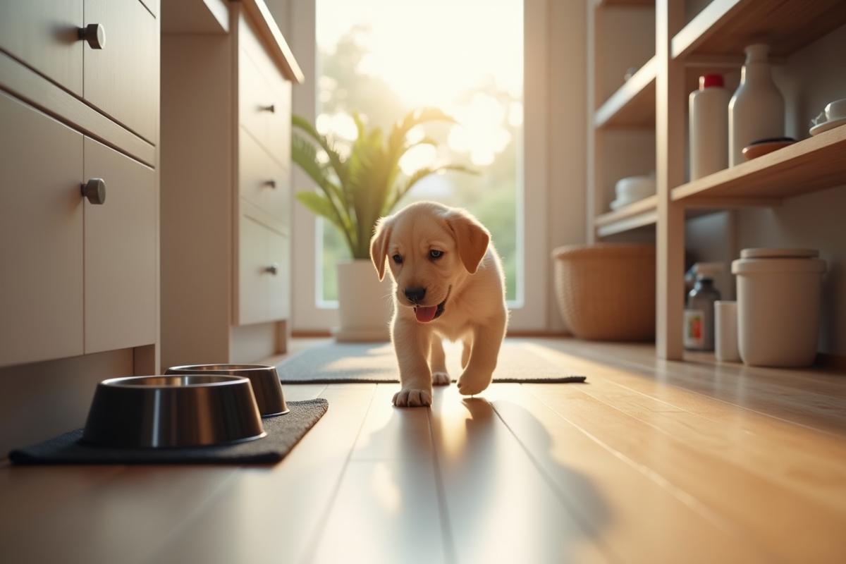 Chiot labrador entrant dans une cuisine moderne lumineuse
