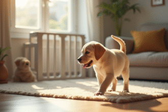 Jeune chiot labrador dans un salon chaleureux et bien rangé